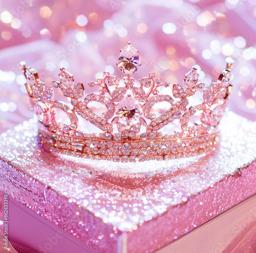 A gold and crystal tiara with a flower design sits on a pink background. The tiara is adorned with pearls and crystals, giving it a luxurious and elegant appearance