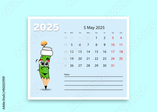 A school calendar 2025 with funny cartoon characters from stationery. Vector lesson schedule template. photo