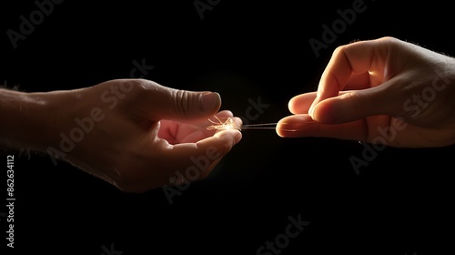 A pair of hands holding a dental floss, the thread glistening under studio lights, conveying hygiene and care