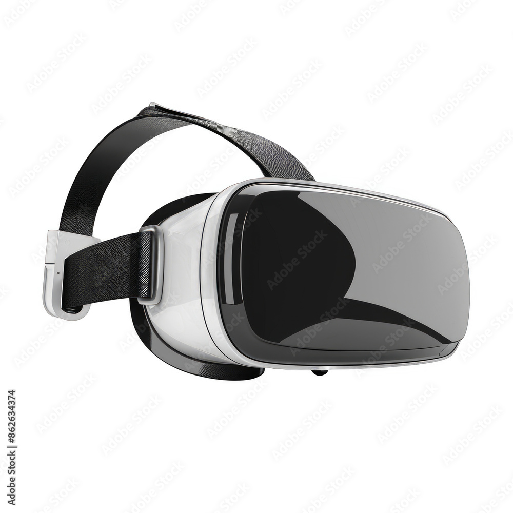 A virtual reality headset with a black and white strap A virtual reality headset with a black and white strap