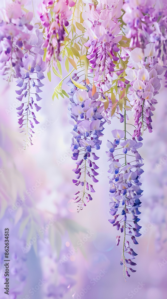 Naklejka premium blooming wisteria flowers in soft shades of purple and pink. The gentle focus and dreamy background enhance the beauty and elegance of these cascading blossoms