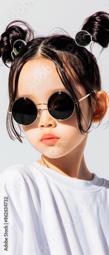 Stylish young girl wearing sunglasses and a white shirt, posing confidently against a white background.