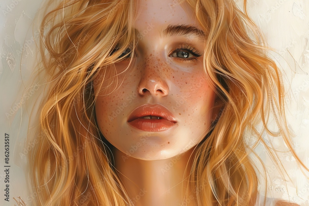 A golden-haired woman with prominent freckles posing under soft, ethereal light, highlighting her serene and delicate beauty with a touch of warmth and nostalgia. A golden-haired woman with prominent freckles posing under soft, ethereal light, highlighting her serene and delicate beauty with a touch of warmth and nostalgia.