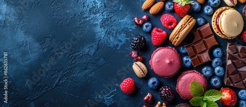 Top view of macarons, chocolate, cookies, berries, and nuts displayed on a dark blue surface with copy space image. photo