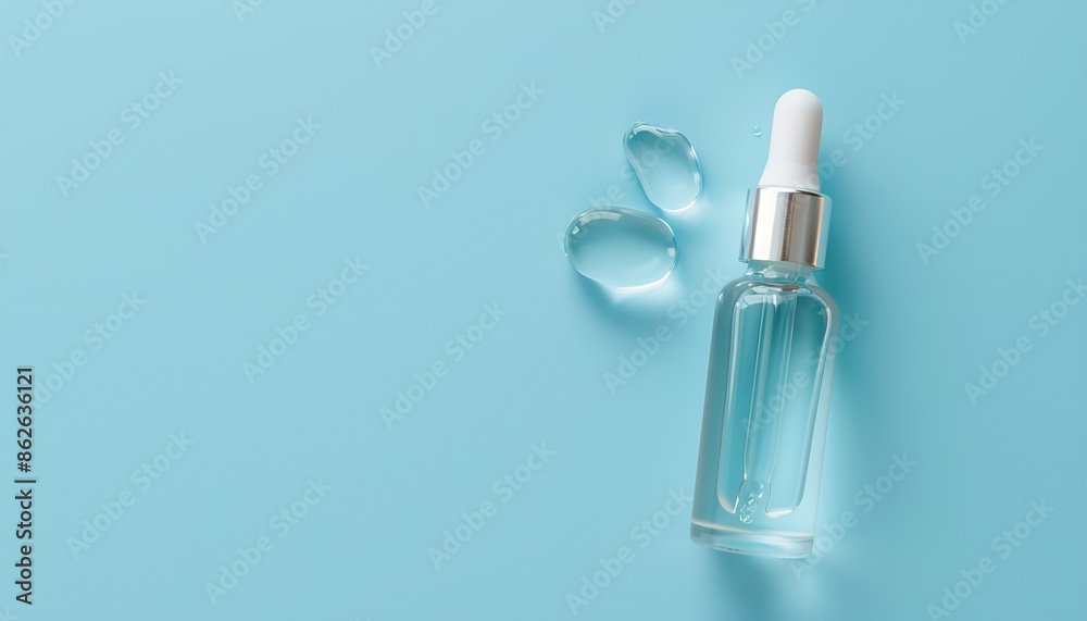 Clear cosmetic serum on light blue background, macro view Clear cosmetic serum on light blue background, macro view