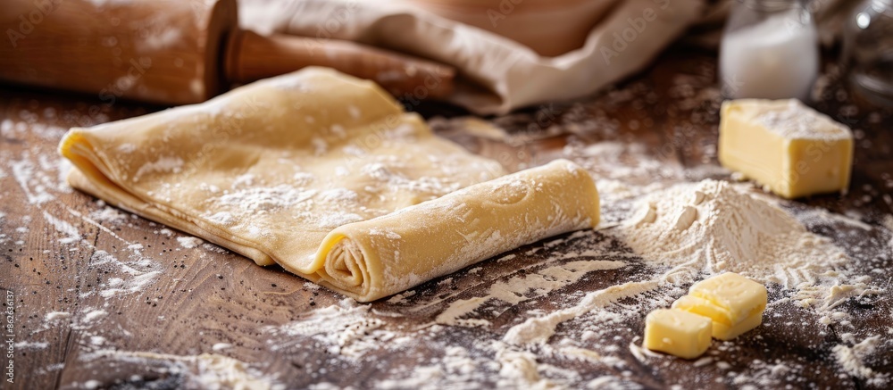 Raw homemade puff pastry dough being rolled with a rolling pin on a table, featuring flour, butter, and a cloth with available copy space image.