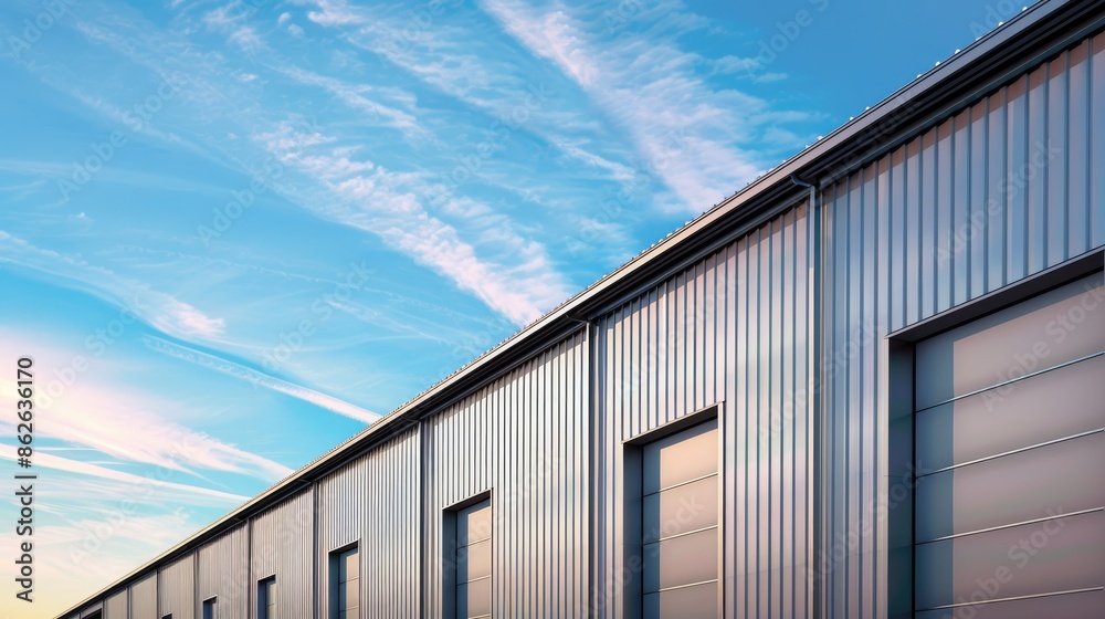 Modern metal warehouse buildings with aluminum roof seen from the side against a blue sky with space for text Modern metal warehouse buildings with aluminum roof seen from the side against a blue sky with space for text