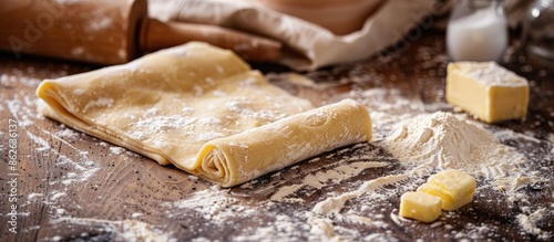Obraz na płótnie Raw homemade puff pastry dough being rolled with a rolling pin on a table, featuring flour, butter, and a cloth with available copy space image. w salonie