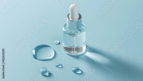 Clear cosmetic serum on light blue background, macro view