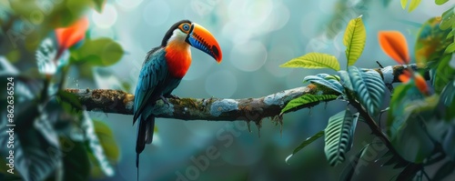 Vibrant toucan perched on a branch in a lush, tropical rainforest with vivid foliage in the background. photo