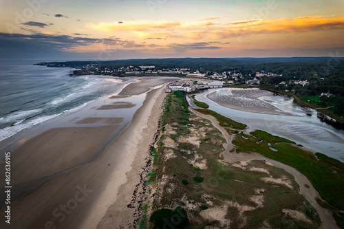 Aerial view of beautiful beach at sunset with coastal skyline, Ogunquit, Maine, United States. photo