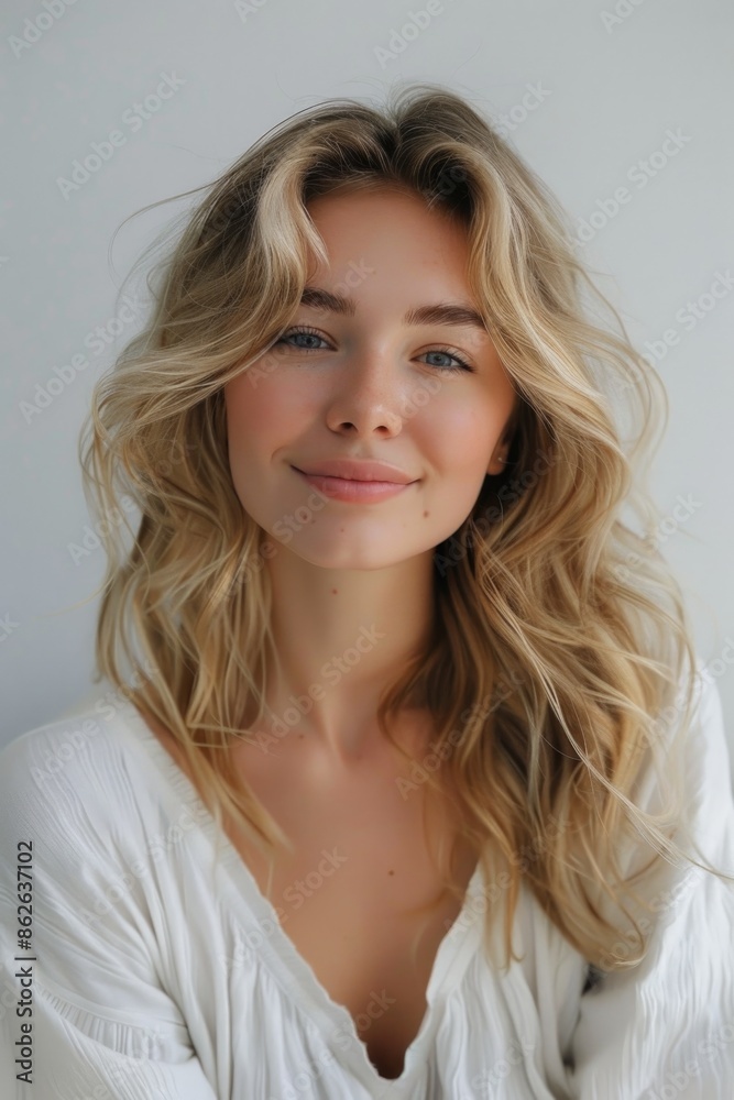 portrait of a young woman with soft blonde hair and a natural, gentle smile, radiating a sense of beauty and confidence, set against a plain light background portrait of a young woman with soft blonde hair and a natural, gentle smile, radiating a sense of beauty and confidence, set against a plain light background