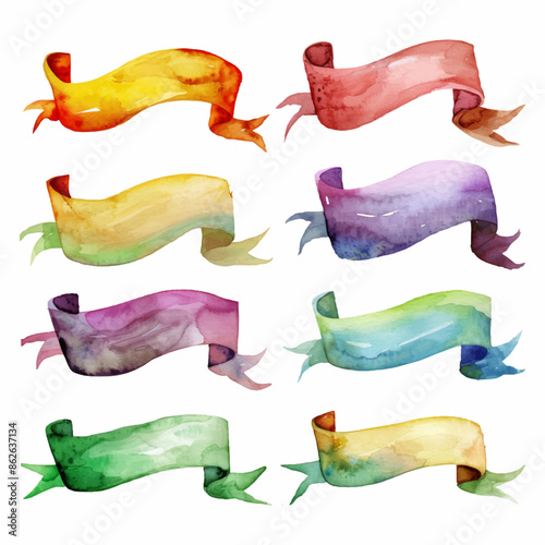 Set of watercolor banner ribbons on white background.