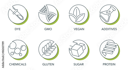 Icons set of additives for labeling, circular in thin line