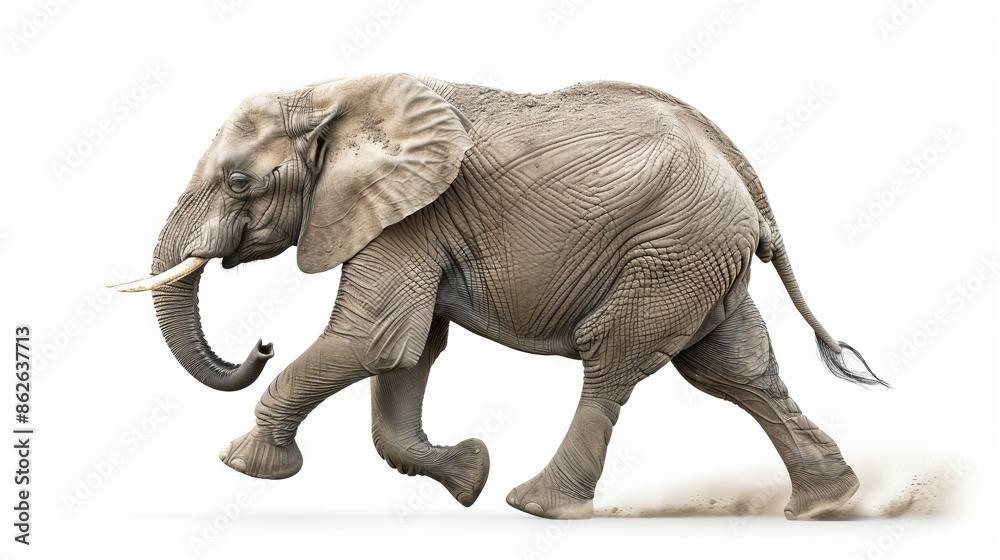 Obraz premium Majestic elephant walking gracefully, side view of a powerful animal. Realistic, high-quality and detailed AI-generated image. Perfect for wildlife, nature, or educational purposes. AI