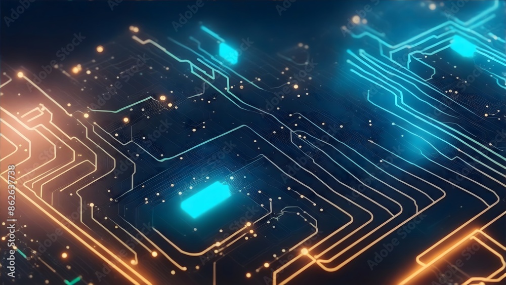Fototapeta premium Abstract technology background with shiny neon light effect on a circuit board. Futuristic technology wallpaper. Digital cyber tech backdrop background. 
