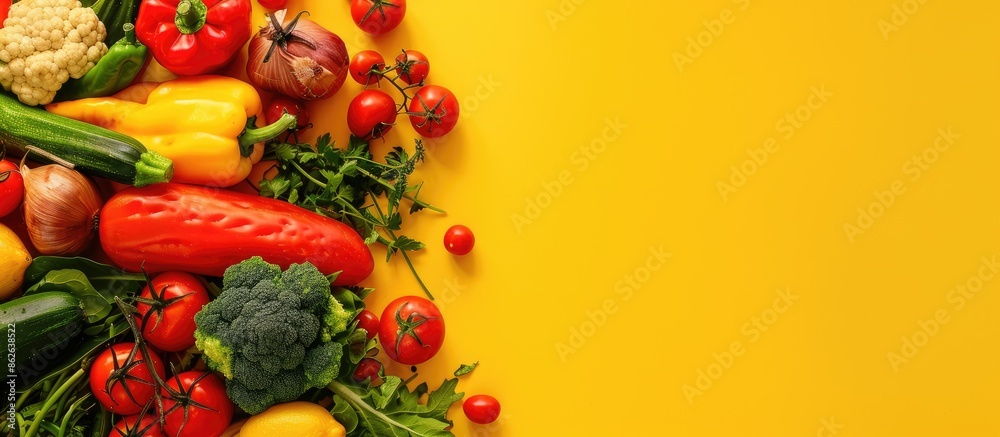 Fresh vegetables arranged on a bright yellow backdrop with ample copy space image, showcasing a variety of nutritious ingredients for a health-conscious vegetarian lifestyle. Fresh vegetables arranged on a bright yellow backdrop with ample copy space image, showcasing a variety of nutritious ingredients for a health-conscious vegetarian lifestyle.