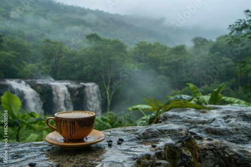 An adventurous outdoor setting with a cup of artisanal coffee on a rock, overlooking a scenic waterfall and lush greenery.