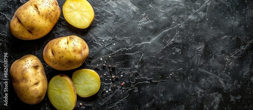 Three sliced and whole Vitelotte potatoes on a dark rustic background with space for text, copy space image. photo