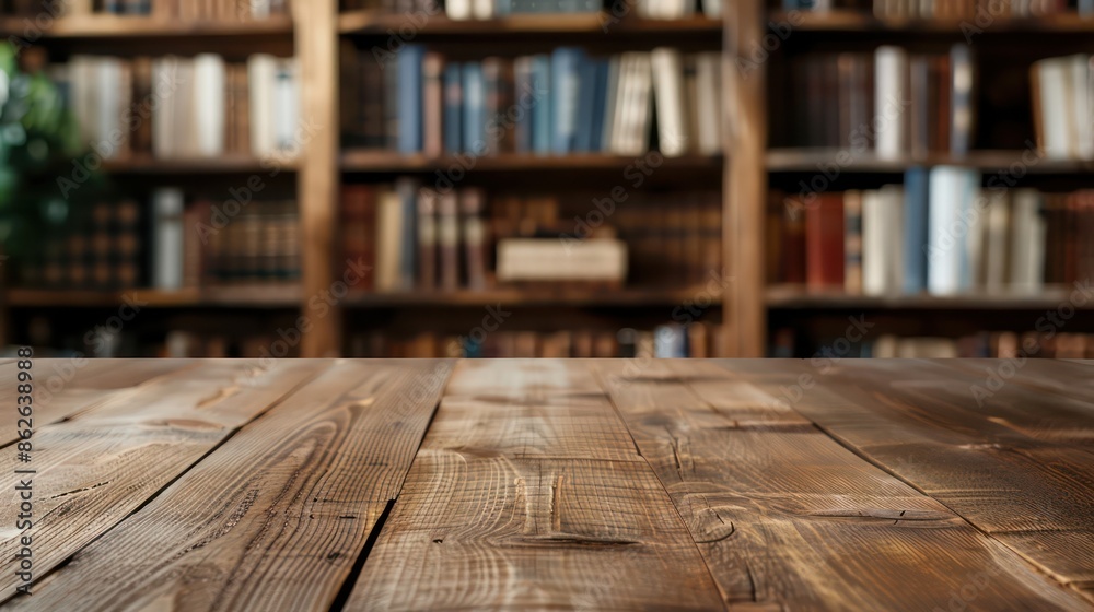 A wooden table with a shelf of books behind it A wooden table with a shelf of books behind it