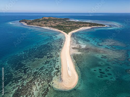 Aerial view of Nosu Antanimora Island with turquoise water and sandy beaches, Antsohihy, Madagascar. photo