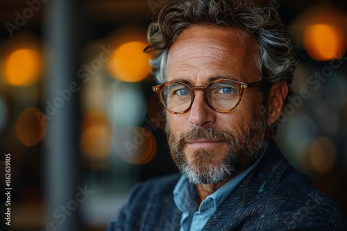 Portrait of a mature man with gray hair, a stylish beard, and glasses, set in a warm light setting, exuding wisdom, experience, and a charismatic presence.