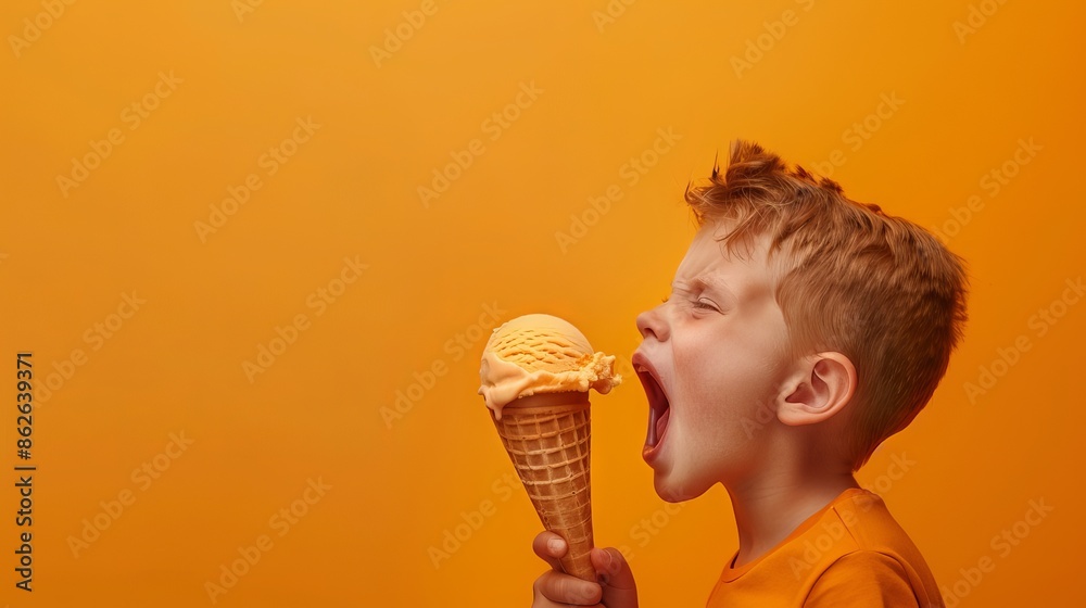 Young boy excitedly about to eat an ice cream cone with a vibrant orange background. Perfect image to depict joy, summer, and childhood. Young boy excitedly about to eat an ice cream cone with a vibrant orange background. Perfect image to depict joy, summer, and childhood.