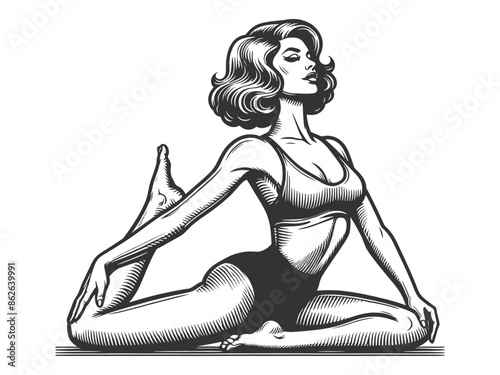 Retro Fitness Woman Performing Yoga Pose sketch engraving generative ai fictional character vector illustration. Scratch board imitation. Black and white image.