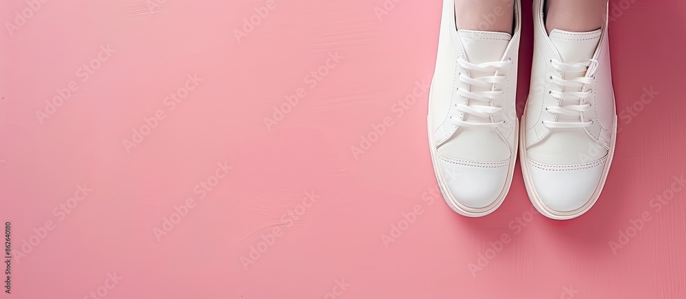 Top view of fashionable white shoes on a pink surface with copy space image available.
