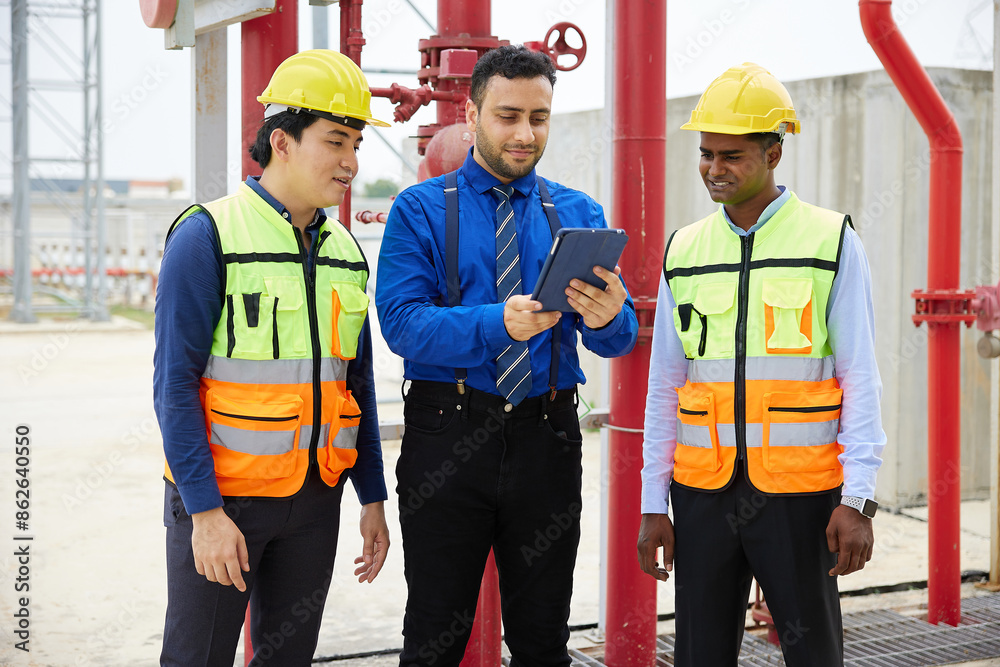 businessman working on tablet and talking about work or project with coworkers in the factory businessman working on tablet and talking about work or project with coworkers in the factory