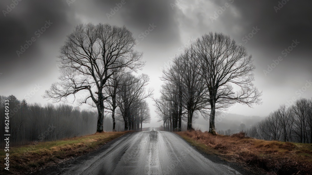 A road with two trees on either side. The trees are bare and the sky is cloudy. Scene is somber and quiet A road with two trees on either side. The trees are bare and the sky is cloudy. Scene is somber and quiet