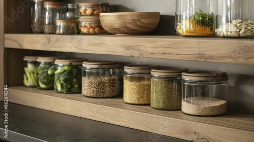 Interior kitchen organization with stylish storage solutions, ensuring a tidy and functional cooking area. photo