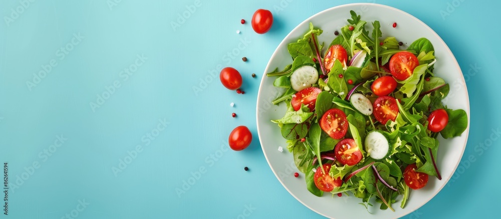 A salad plate with vegetarian food set against a vibrant blue background, offering a wholesome display of organic nutrition, with a spacious copy space image. A salad plate with vegetarian food set against a vibrant blue background, offering a wholesome display of organic nutrition, with a spacious copy space image.