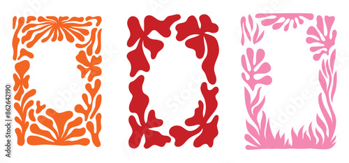 Vector illustration in simple wavy and groovy naive style, flowers and plants, floral frames and modern wall art prints, posters, placards, packaging, branding with copy space for text
