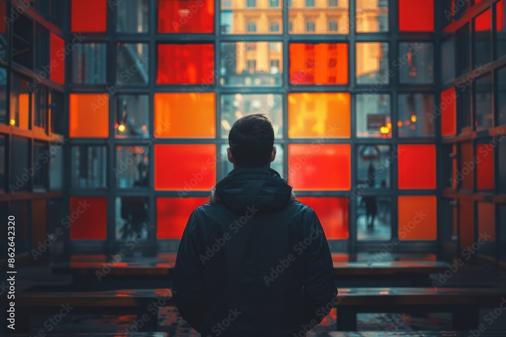 Someone standing in front of a building with a red glass wall, procrastinating concept Someone standing in front of a building with a red glass wall, procrastinating concept