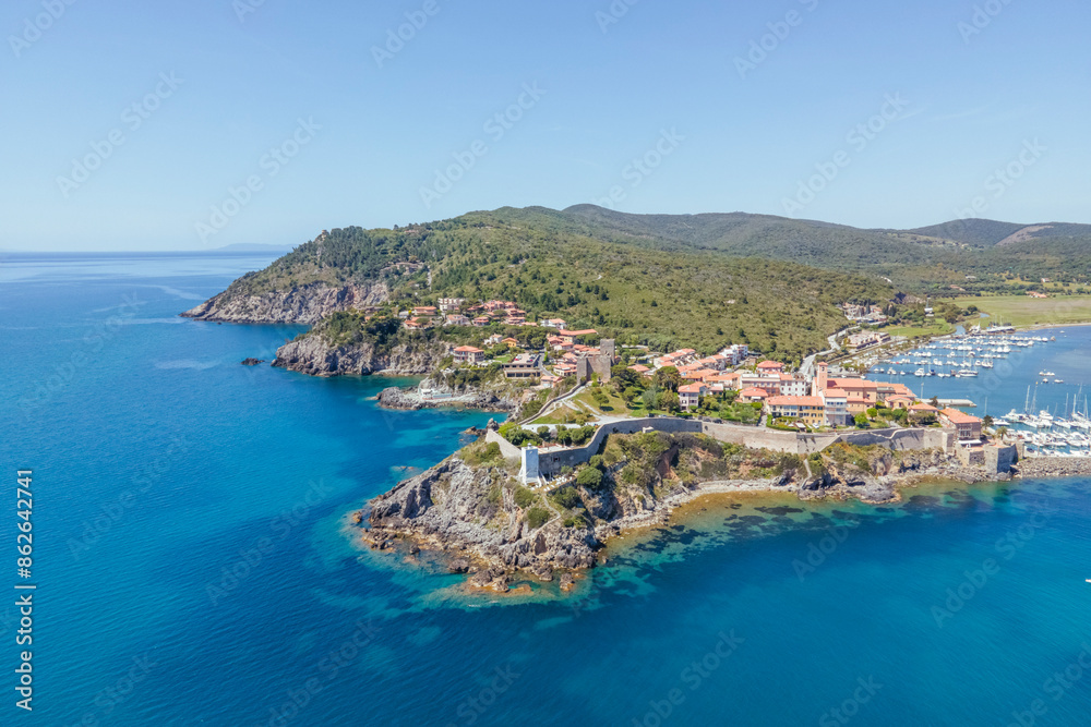 Aerial view of Talamone, Orbetello, Grosseto province, Mount Argentario, Tuscany, Italy. Aerial view of Talamone, Orbetello, Grosseto province, Mount Argentario, Tuscany, Italy.