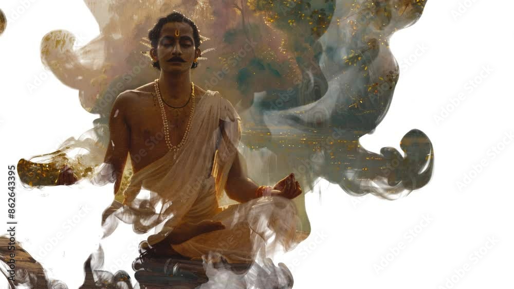 Mahavira Founder of Jainism Meditating Indian Jain Religion Ink Drop 4k Video with White Copy Space.