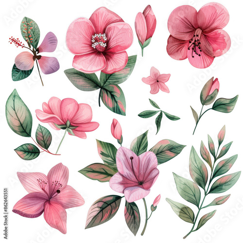 Assorted Watercolor Illustrations of Pink Flowers and Green Leaves