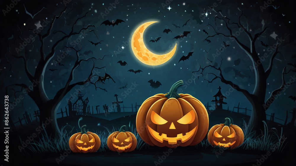 Create a spooky Halloween illustration for kids with cheerful carved pumpkins on both sides and an empty space in the middle for text. Create a spooky Halloween illustration for kids with cheerful carved pumpkins on both sides and an empty space in the middle for text.