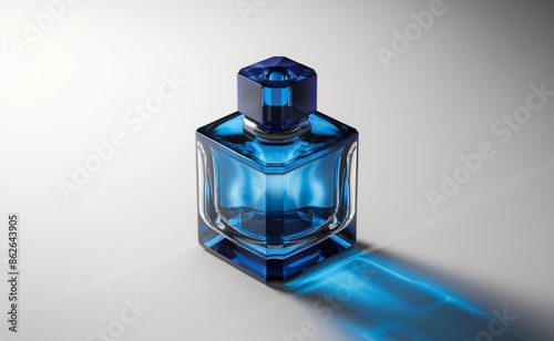 Sleek Blue Perfume Mockup Design Ideal for Fashion and Luxury Branding Enhancing Product Visibility. Elegant Blue Glass Fragrance Bottle Mock up Isolated on white background