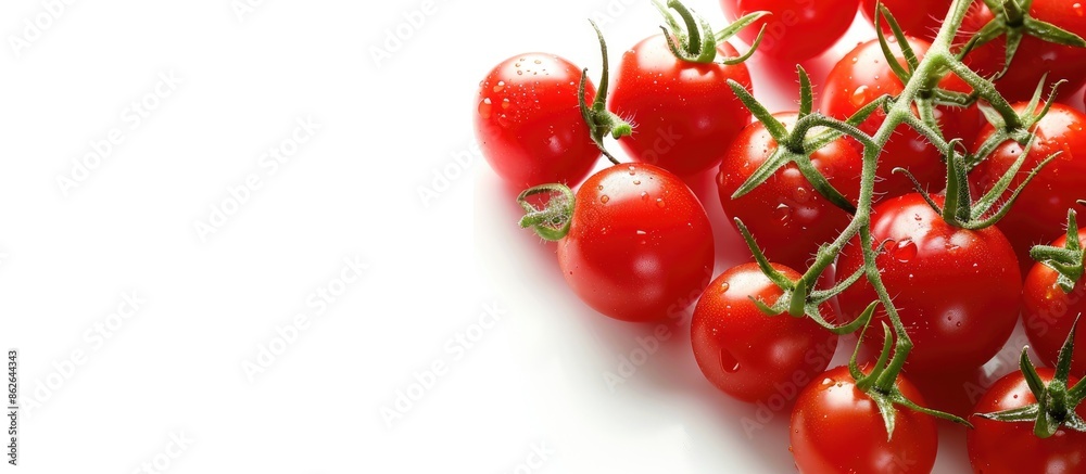 Cherry tomatoes are appetizing against a blank space in the image. Copy space image. Place for adding text and design Cherry tomatoes are appetizing against a blank space in the image. Copy space image. Place for adding text and design