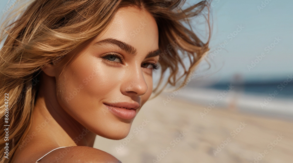 Close up portrait of beautiful young female model in 20s with perfect glowy skin on the beach Close up portrait of beautiful young female model in 20s with perfect glowy skin on the beach