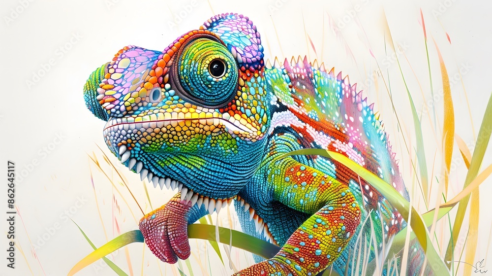 Obraz premium Cheerful chameleon tree branch cartoon illustration isolated image animal character. 