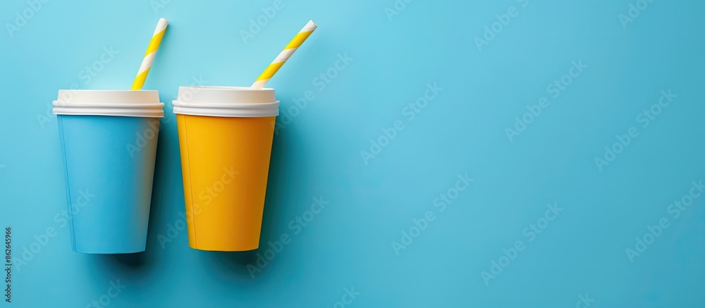 Top view of blue and yellow paper cups with a straw set on a blue background, with a clear area for additional content, known as a 'copy space image.' Top view of blue and yellow paper cups with a straw set on a blue background, with a clear area for additional content, known as a 'copy space image.'