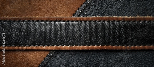 Plakat w ramie Close-up view of a leather texture with black and brown suede under good lighting and a blank label for promotional product concepts, featuring denim elements and copy space image.