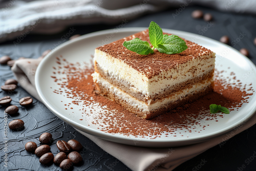 Tiramisu cake decorated with cocoa powder and fresh green mint leaf on white ceramic plate, close up sweet food. Traditional italian dessert Tiramisu cake decorated with cocoa powder and fresh green mint leaf on white ceramic plate, close up sweet food. Traditional italian dessert