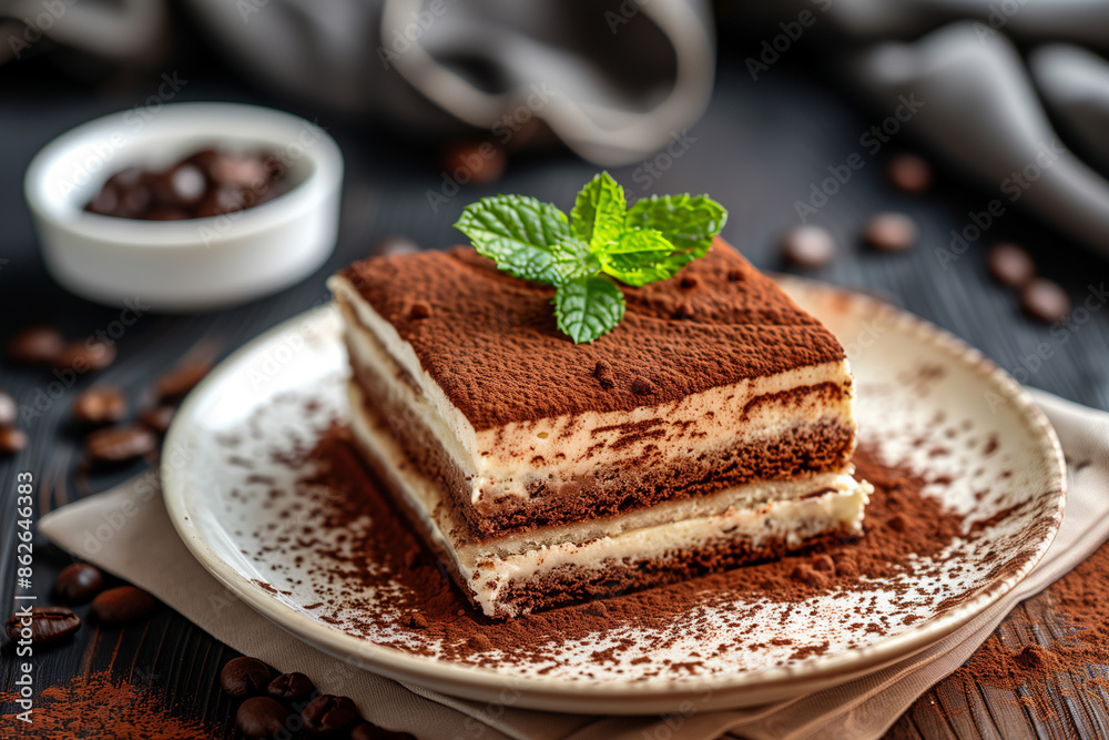 Tiramisu cake decorated with cocoa powder and fresh green mint leaf on white ceramic plate