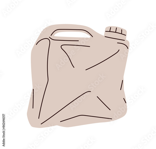 Fuel canister waste. Plastic jerry can. Used smashed jerrycan container. Creased crumpled diesel packaging, garbage. Petrol vessel trash. Flat vector illustration isolated on white background