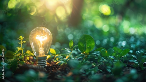 A glowing light bulb is placed on lush greenery, symbolizing the concept of green energy and innovation in a natural environment. photo