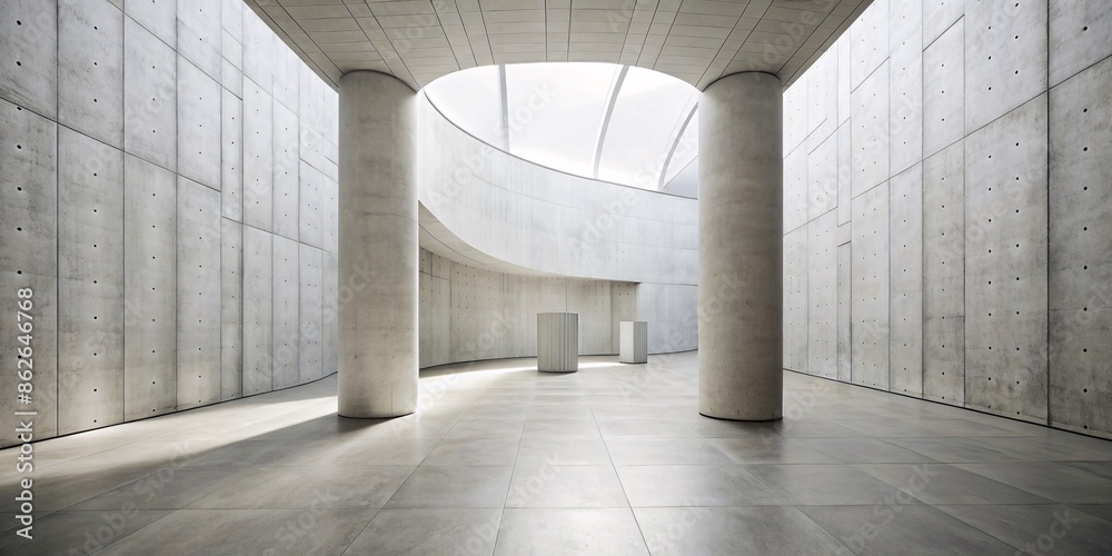 Obraz premium A bright, modern space featuring a minimalist design with exposed concrete walls, columns, and a polished floor. Sunlight streams in from a skylight, illuminating the center of the room.